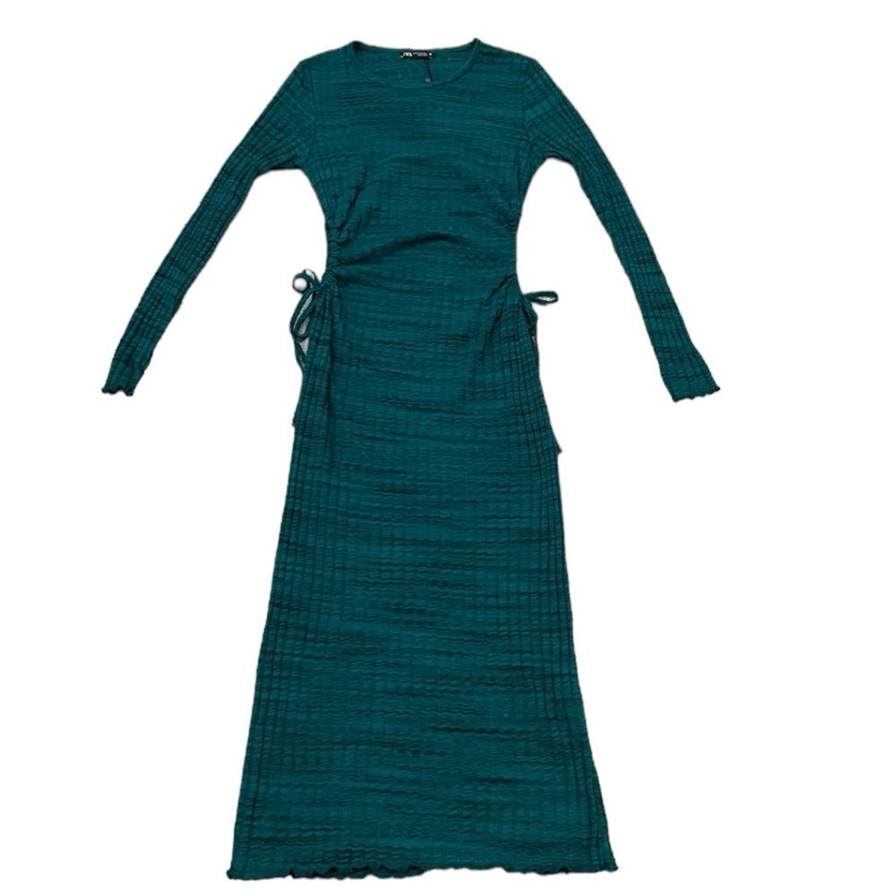 NWT ZARA Teal Green Ribbed Cut Out Midi Dress Size M